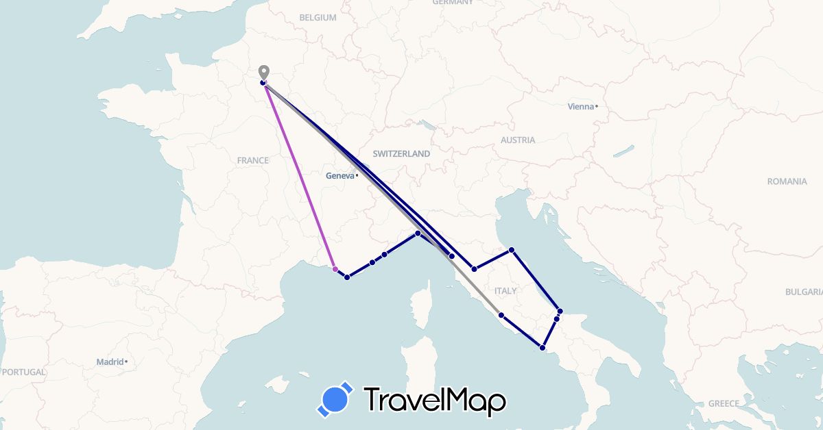 TravelMap itinerary: driving, plane, train in France, Italy (Europe)